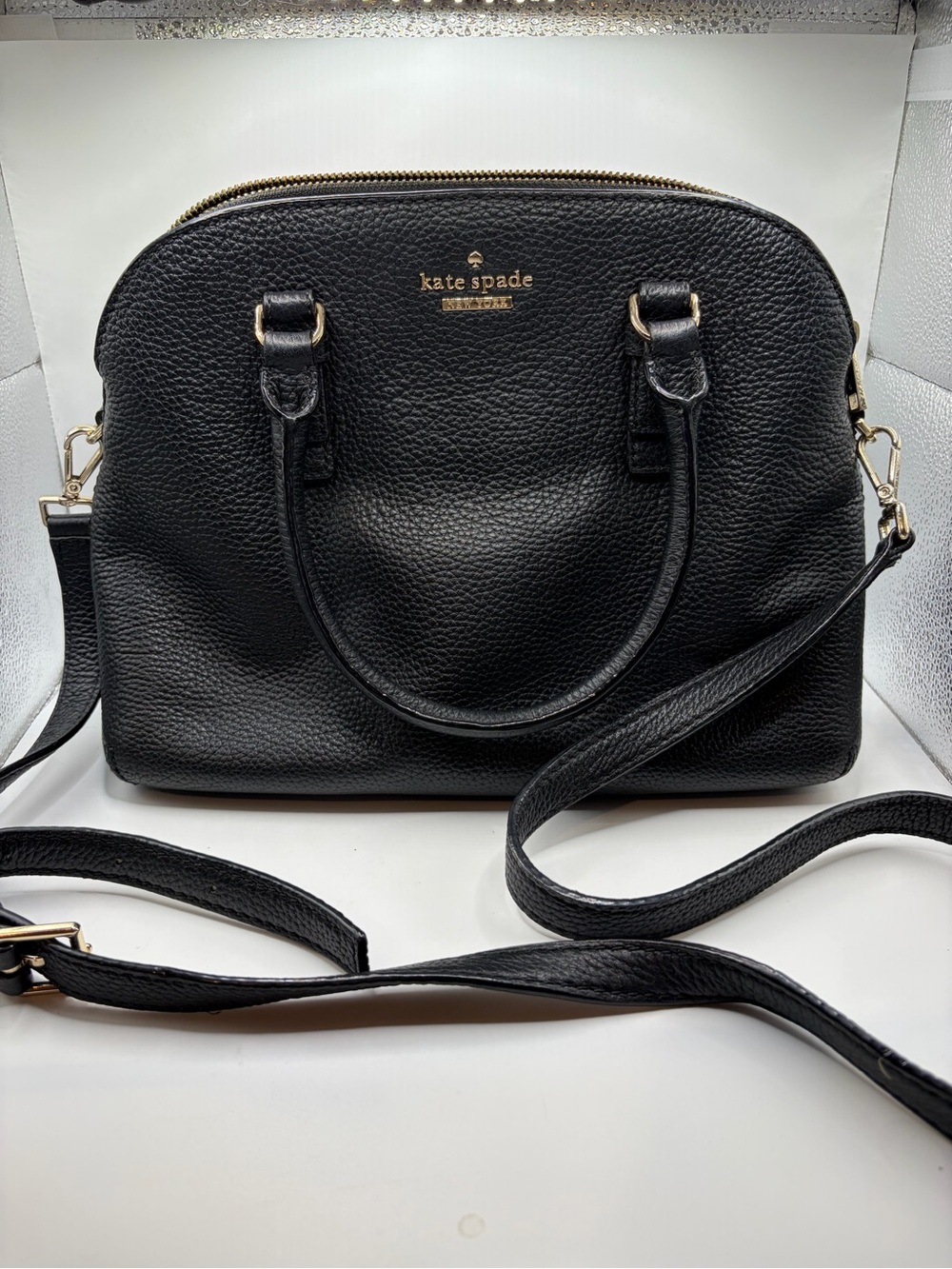 kate spade Black Pebbled Leather Dome Satchel with Crossbody Strap